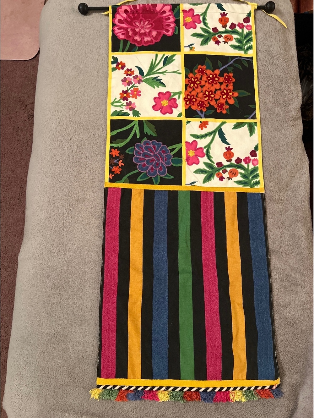 Colorful Floral and Striped Wall Hanging Tapestry with Tassels